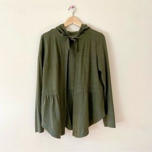 LOFT Hooded Sweater Coat Cape Peplum Ruffle Sweatshirt Khaki Army Green Small